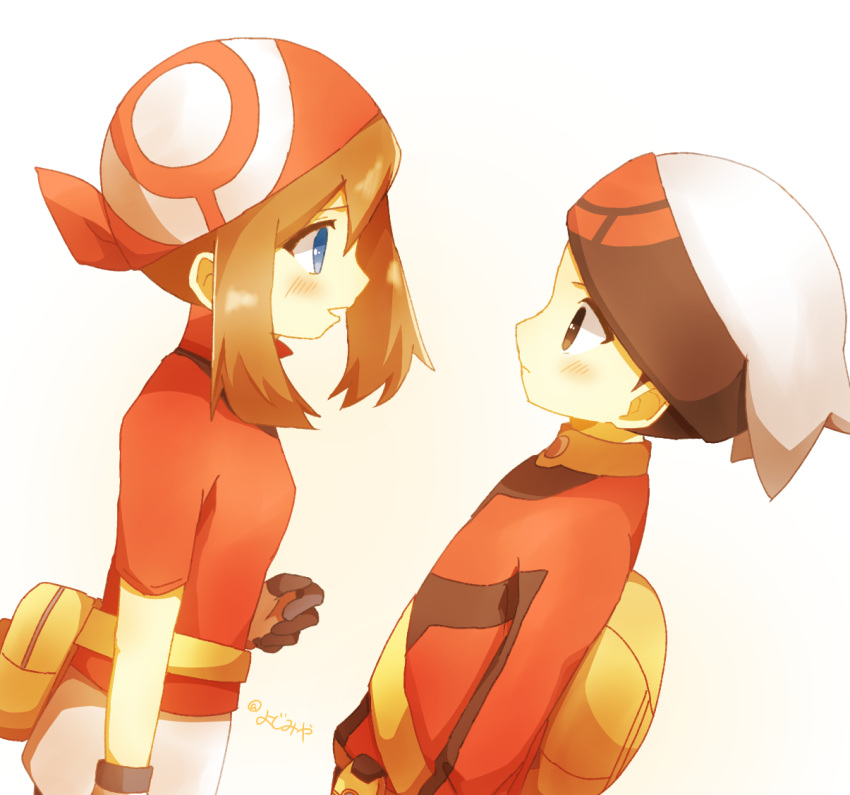 1boy 1girl backpack bag bandana black_gloves blue_eyes blush brendan_(pokemon) brown_eyes brown_hair closed_mouth fanny_pack gloves hat long_sleeves looking_at_another may_(pokemon) open_mouth pokemon pokemon_rse red_bandana red_shirt shirt short_hair short_sleeves two-tone_gloves white_background white_gloves white_hat yellow_bag ymzmi