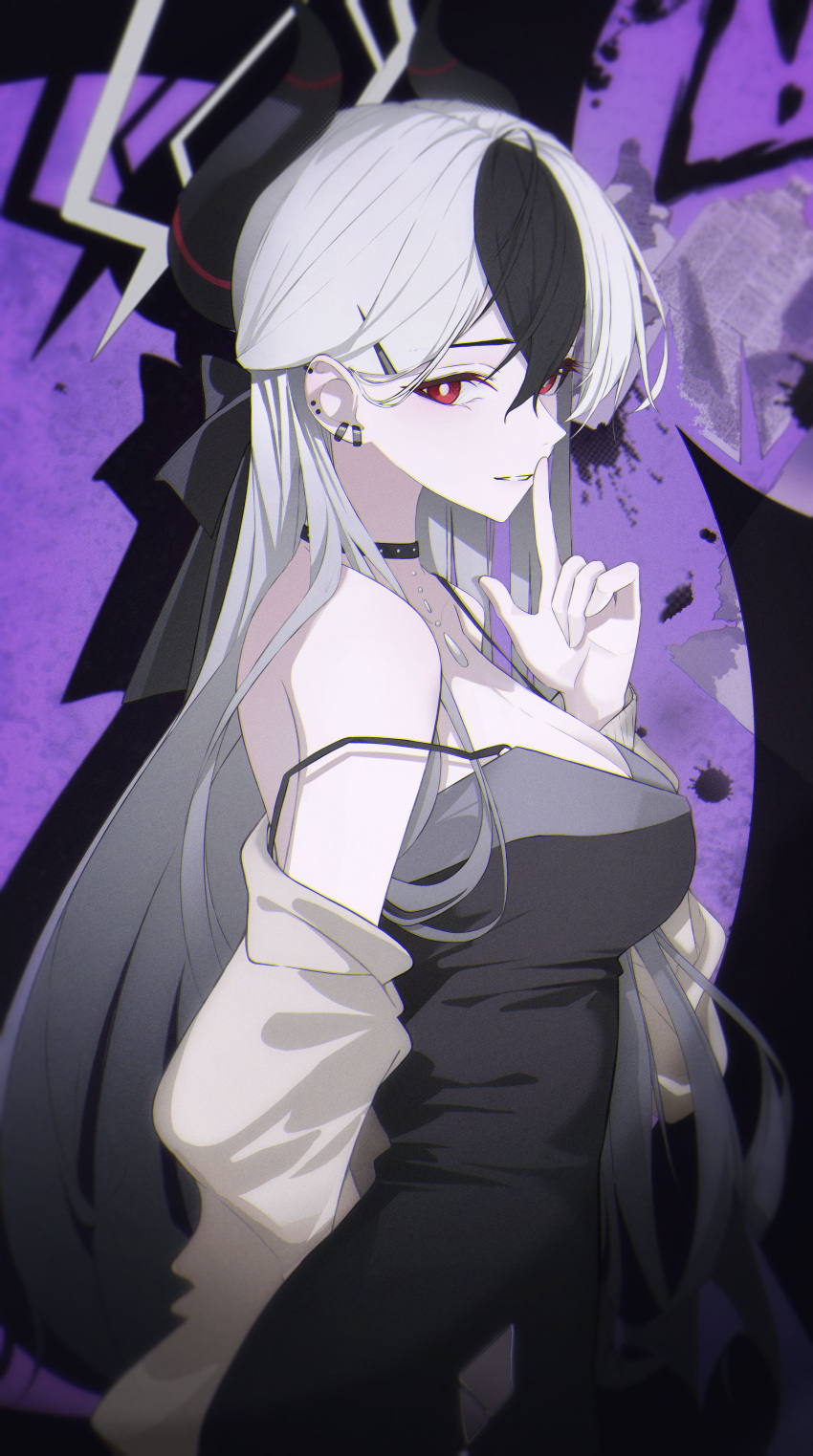 1girl absurdres arm_behind_back bare_shoulders black_dress black_hair blue_archive breasts bright_pupils cardigan cleavage clothing_cutout demon_horns dress ear_piercing earrings finger_to_mouth gradient_hair grey_cardigan halo highres horns jewelry kayoko_(blue_archive) kayoko_(dress)_(blue_archive) long_hair looking_at_viewer medium_breasts multicolored_hair muring864 official_alternate_costume piercing red_eyes shushing sideways_glance solo strap_slip stud_earrings very_long_hair white_hair white_pupils