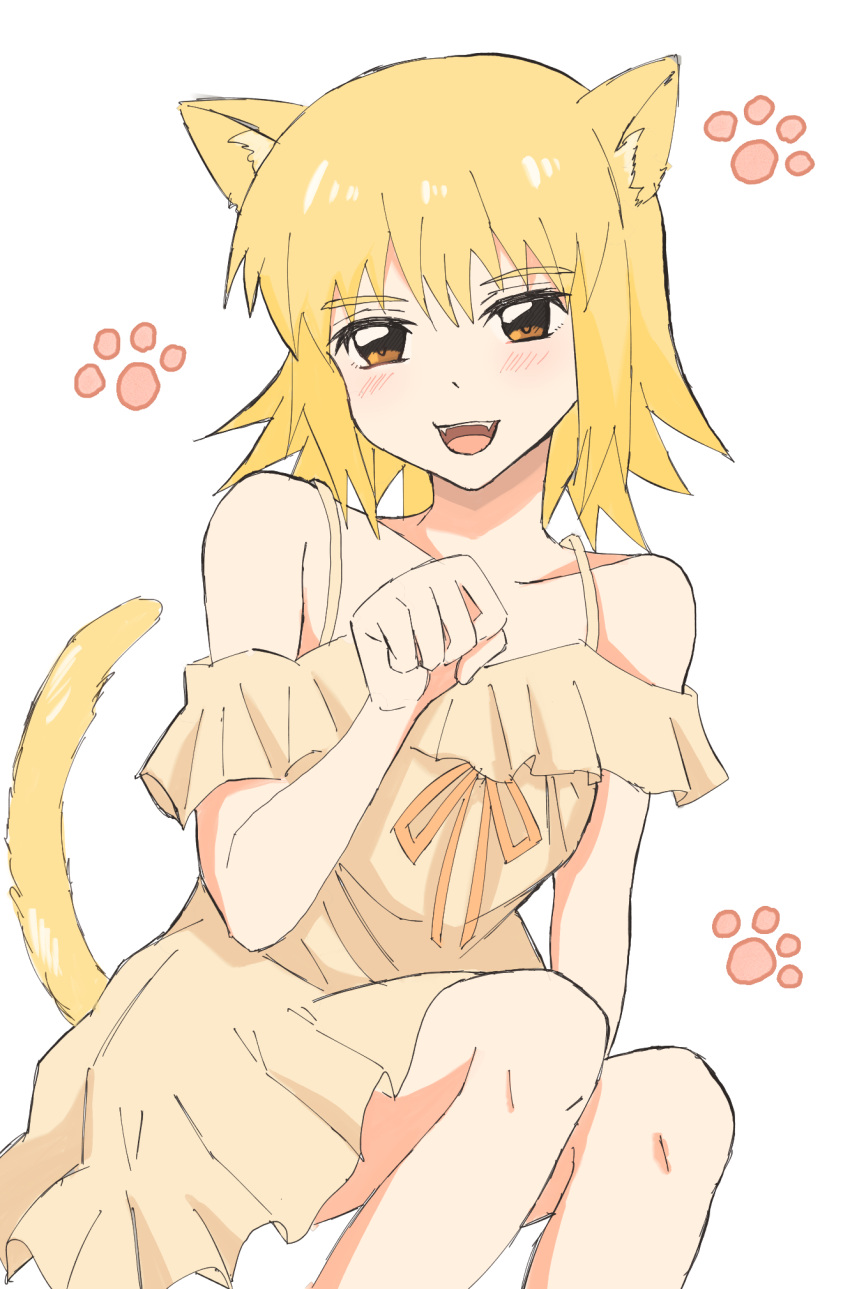 1girl :d animal_ears blonde_hair brown_eyes cagalli_yula_athha cat_ears cat_girl cat_tail collarbone dress fangs gundam gundam_seed highres kemonomimi_mode looking_at_viewer medium_hair open_mouth orange_ribbon paw_print paw_print_background ribbon short_dress sketch smile solo straight_hair tail tomatoma_(tomatomato) white_background yellow_dress