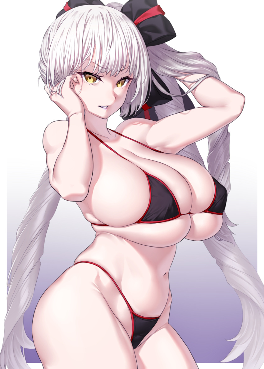 1girl bare_shoulders bikini black_bikini breasts cleavage fate/grand_order fate_(series) hair_ribbon highres large_breasts long_hair looking_at_viewer marie_antoinette_(alter)_(fate) marie_antoinette_(alter)_(third_ascension)_(fate) marie_antoinette_(fate) onsoku_inu purple_lips ribbon side_ponytail skindentation solo swimsuit thighs very_long_hair white_hair yellow_eyes