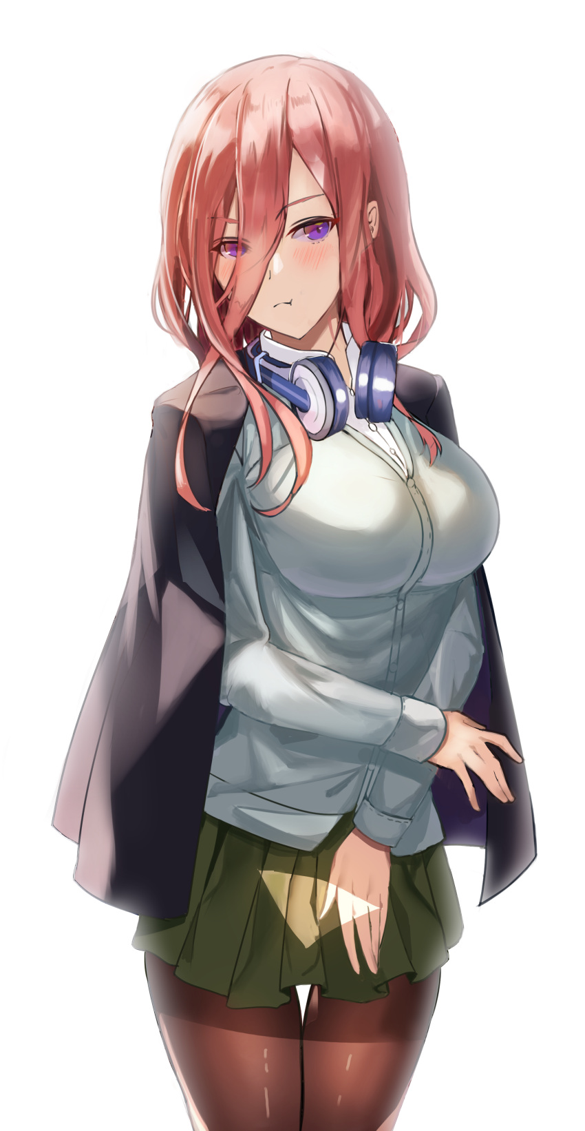 1girl absurdres black_jacket blazer blue_cardigan blue_eyes breasts brown_hair brown_pantyhose cardigan closed_mouth commentary_request go-toubun_no_hanayome green_skirt headphones headphones_around_neck highres jacket jacket_on_shoulders large_breasts light_blush long_hair long_hair_between_eyes long_sleeves looking_at_viewer maanu nakano_miku pantyhose pleated_skirt pout shirt skirt solo thigh_gap white_background white_shirt