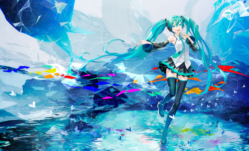 1girl absurdres aqua_eyes aqua_hair boots bug butterfly detached_sleeves full_body hand_on_own_chest hand_up hatsune_miku headset highres long_hair looking_at_viewer miniskirt necktie official_art open_mouth redjuice skirt solo standing standing_on_one_leg thigh_boots twintails very_long_hair vocaloid zettai_ryouiki