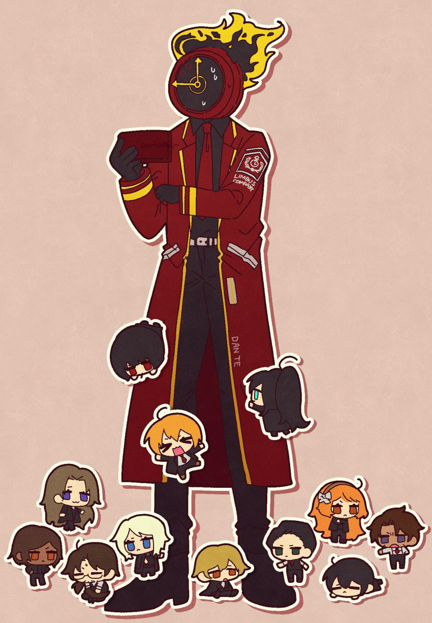 &gt;_&lt; 1other 6+boys 6+girls black_footwear black_gloves black_hair black_pants black_shirt blonde_hair blue_eyes brown_hair chibi clock coat collared_shirt dante_(limbus_company) dark-skinned_female dark_skin don_quixote_(project_moon) faust_(project_moon) fire gloves gregor_(project_moon) heathcliff_(project_moon) high_ponytail highres holding holding_tablet_pc hong_lu_(project_moon) ishmael_(project_moon) limbus_company long_hair long_sleeves low_ponytail meursault_(project_moon) multiple_boys multiple_girls nantekottawo!! necktie object_head open_mouth orange_eyes orange_hair outis_(project_moon) pants pink_background project_moon purple_eyes red_coat red_eyes red_necktie rodion_(project_moon) ryoshu_(project_moon) shirt shoes short_hair simple_background sinclair_(project_moon) smile tablet_pc very_long_hair white_hair yi_sang_(project_moon)