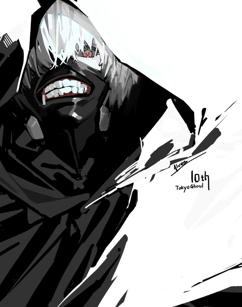 1boy absurdres alver black_jacket blending copyright_name glowing glowing_eye half_mask highres hood hoodie jacket kaneki_ken mask one_eye_covered red_eyes signature teeth tokyo_ghoul white_background white_hair white_hood zipper