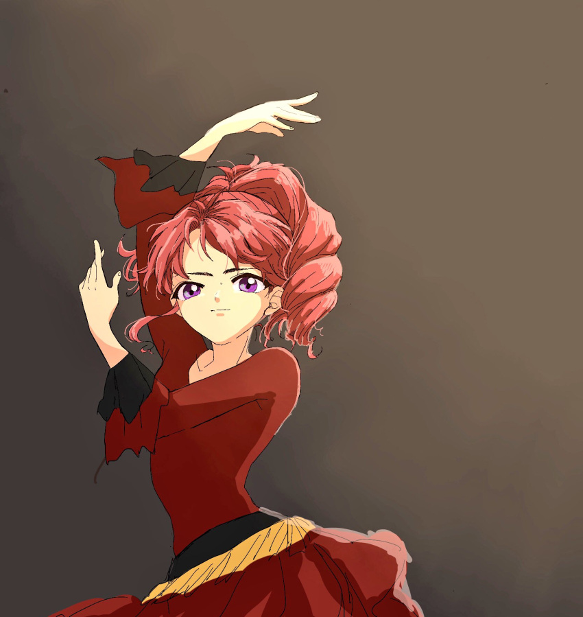 1girl aikatsu! aikatsu!_(series) arm_over_head arm_up brown_background closed_mouth cowboy_shot dancing dress flamenco flamenco_dress frilled_dress frills gradient_background hand_up high_ponytail highres kurebayashi_juri light_smile long_sleeves looking_at_viewer osouzai-kun purple_eyes red_dress red_hair ringlets serious solo