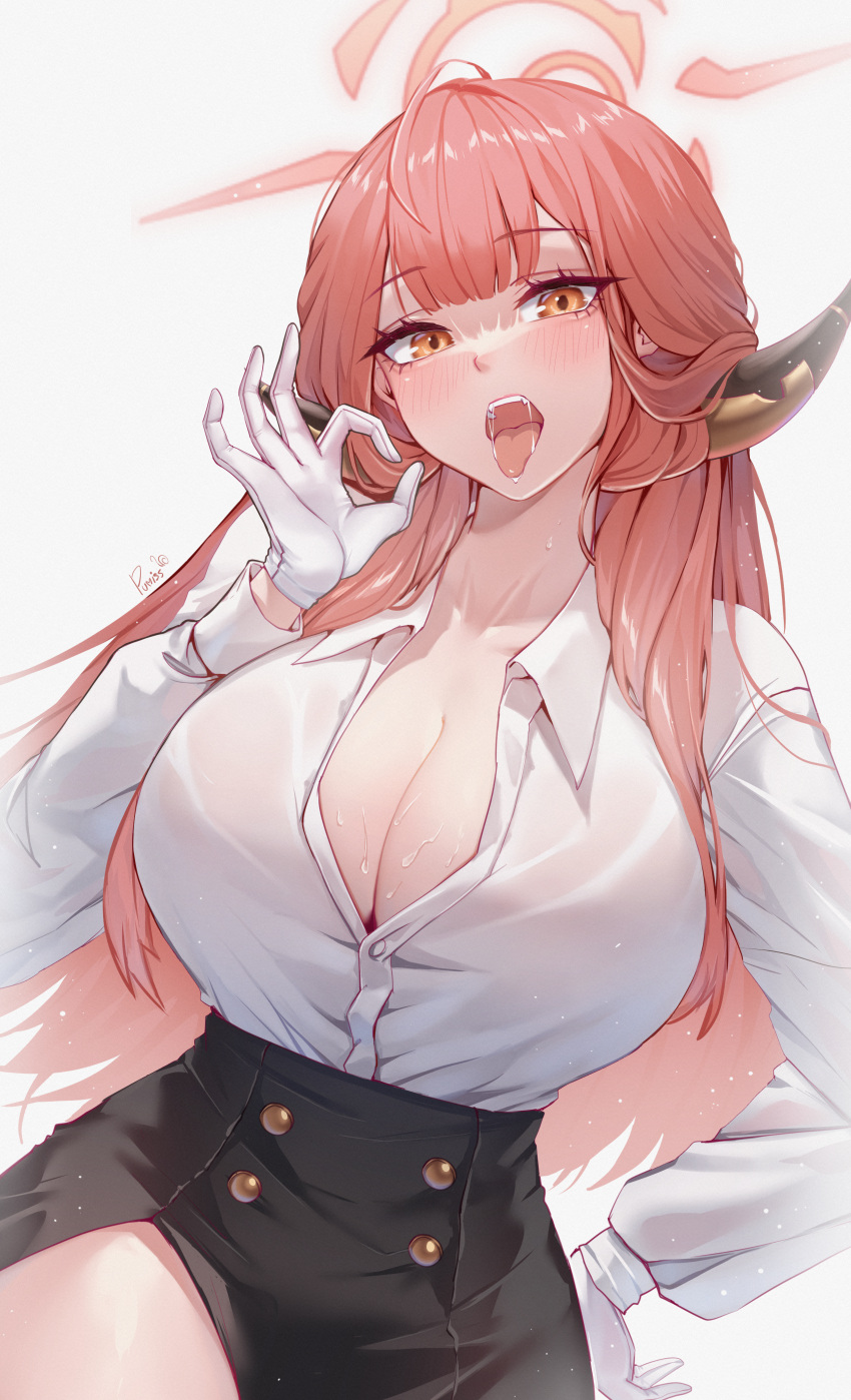 1girl absurdres ahoge artist_name aru_(blue_archive) black_skirt blue_archive blush breasts brown_horns cleavage collarbone collared_shirt commentary drooling fangs fellatio_gesture gloves halo hand_on_own_hip highres horns huge_breasts long_hair long_sleeves looking_at_viewer low_horns mouth_drool open_mouth orange_halo pencil_skirt pink_hair pumiss shirt signature simple_background skirt solo teeth thighs tongue tongue_out upper_teeth_only white_background white_gloves white_shirt yellow_eyes