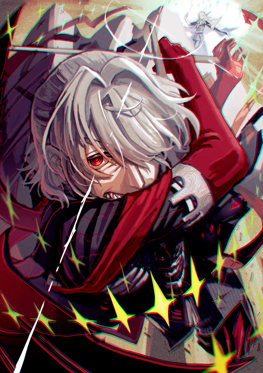 2boys absurdres antonio_salieri_(fate) antonio_salieri_(second_ascension)_(fate) black_suit blonde_hair conductor conductor_baton curly_hair fate/grand_order fate_(series) formal gloves grey_hair hair_over_one_eye highres jacket long_hair long_sleeves looking_at_viewer male_focus multiple_boys nashimoto_tsumire pants pinstripe_jacket pinstripe_pants pinstripe_pattern pinstripe_suit red_eyes shirt short_hair smile striped_suit suit white_gloves white_hair wolfgang_amadeus_mozart_(fate)