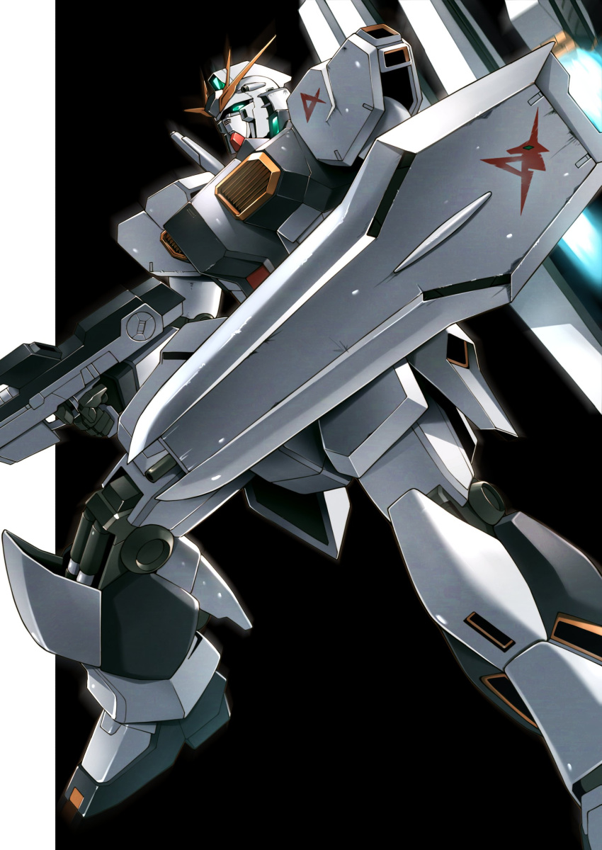 absurdres beam_rifle char's_counterattack energy_gun fin_funnels funnels_(gundam) green_eyes gundam highres mecha mobile_suit no_humans nu_gundam robot science_fiction shield takahashi_masaki v-fin weapon