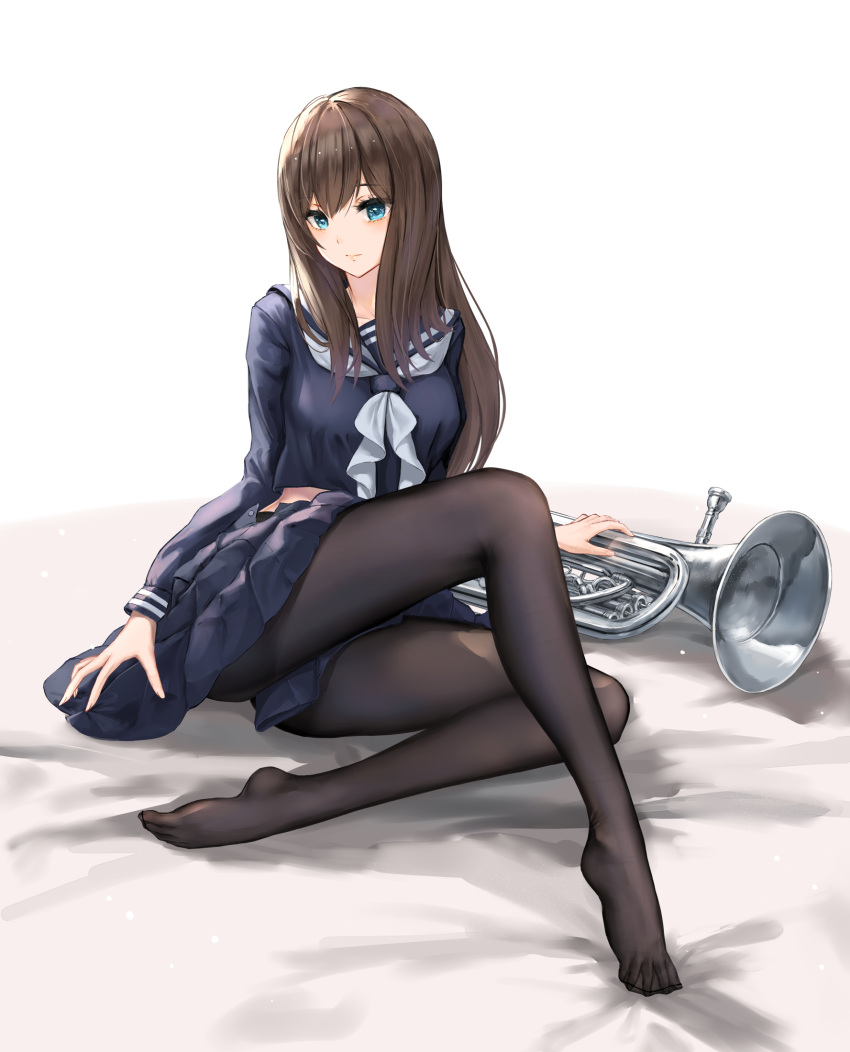 black_pantyhose blue_eyes blue_shirt blue_skirt brown_hair commentary_request english_commentary euphonium grey_neckerchief hibike!_euphonium highres instrument knee_up kuroe_mayu long_hair long_sleeves mixed-language_commentary neckerchief pantyhose pleated_skirt sailor_collar school_uniform serafuku shirt sitting skirt yuzuriha_(atelier_liang)