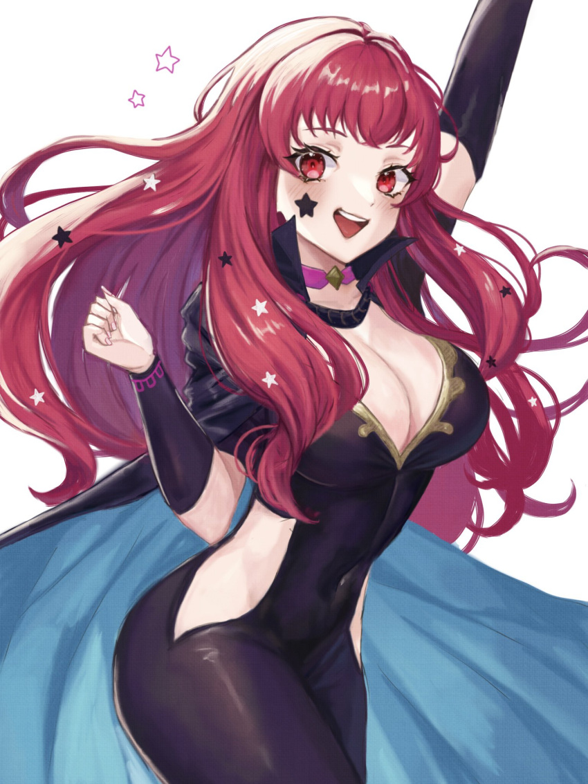 1girl :d arm_up bodysuit breasts choker cleavage commentary covered_navel cowboy_shot facial_mark fire_emblem fire_emblem_engage highres hip_vent large_breasts long_hair looking_at_viewer open_mouth pink_choker red_eyes red_hair redrawn simple_background smile solo standing star_(symbol) thighs very_long_hair white_background yunaka_(fire_emblem) zqzbq