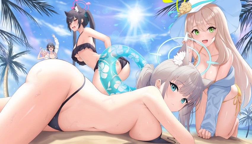 6+girls :d absurdres animal_ear_fluff animal_ears ass ayane_(blue_archive) ayane_(swimsuit)_(blue_archive) bikini black_bikini black_hair blue_archive blue_halo blue_sky breasts brown_hair cloud commentary_request frilled_bikini frills green_halo halo hat highres hoshino_(blue_archive) hoshino_(swimsuit)_(blue_archive) long_hair looking_at_viewer medium_breasts multiple_girls nonomi_(blue_archive) nonomi_(swimsuit)_(blue_archive) official_alternate_costume open_mouth outdoors palm_tree pink_halo red_eyes roina_(effj7473) serika_(blue_archive) serika_(swimsuit)_(blue_archive) shiroko_(blue_archive) side-tie_bikini_bottom sky smile sun swimsuit thighs tree twintails white_hat yellow_bikini