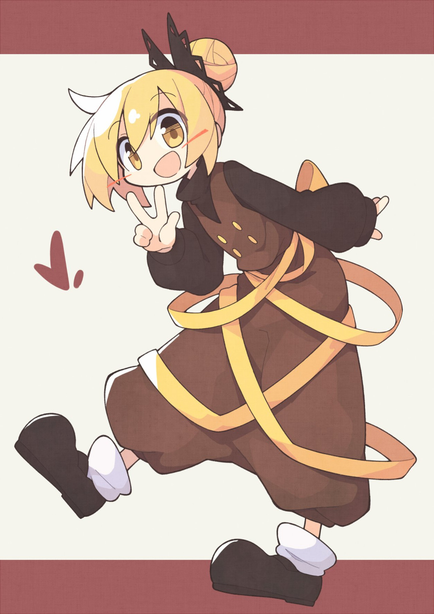 1girl :d asameshi baggy_pants black_footwear blonde_hair commentary_request full_body hair_bun hand_up heart highres kurodani_yamame long_sleeves looking_at_viewer open_mouth pants ribbon shoes short_hair single_hair_bun smile socks solo touhou w white_socks yellow_eyes yellow_ribbon