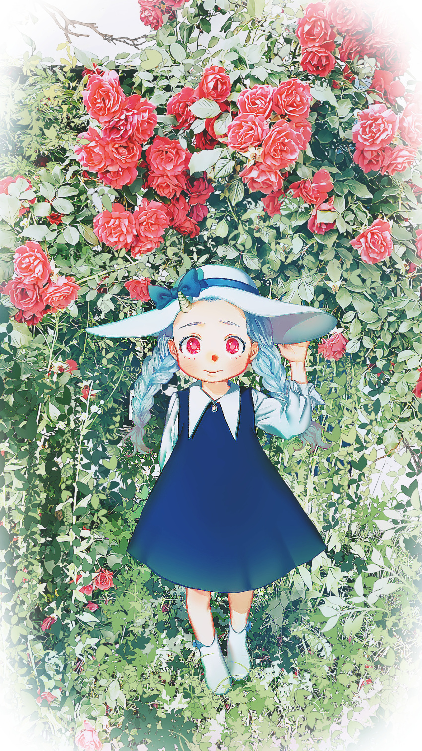 1girl absurdres blue_bow blue_dress blush boku_no_hero_academia bow bow_legwear braid closed_mouth dress eri_(boku_no_hero_academia) eyelashes flower full_body highres horns long_sleeves looking_at_viewer oru_2ji outdoors red_eyes red_flower red_rose rose rose_bush shirt single_horn socks solo twin_braids white_hat white_shirt white_socks