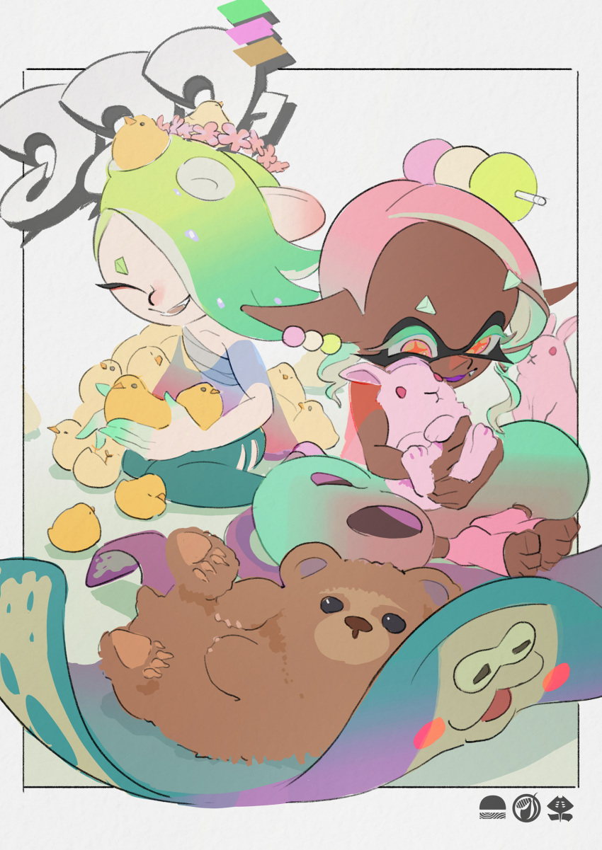 1boy bear big_man_(splatoon) bird cephalopod_eyes chick dark-skinned_female dark_skin earrings frye_(splatoon) highres inkling inoue_seita jewelry manta_ray multicolored_hair multiple_earrings multiple_girls octoling official_art rabbit shiver_(splatoon) simple_background splatoon_(series) splatoon_3 suction_cups tentacle_hair white_background