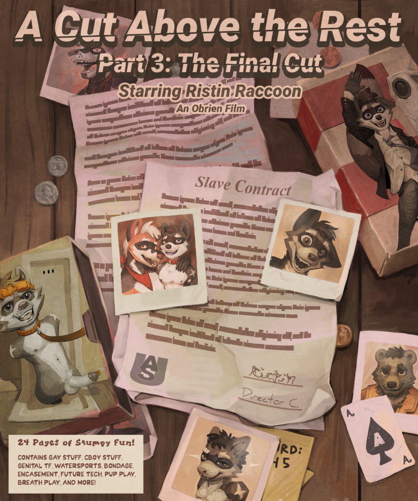 absurd_res ace_of_spades amputee anthro bdsm bear bondage bound canid canine comic cover cover_art cover_page cross_fox disability fox genital_piercing genitals hi_res male male/male mammal nude obrien_(artist) penis penis_piercing photo piercing polaroid_photo prince_albert_piercing procyonid quadruple_amputee raccoon red_fox ristin slave slave_contract true_fox urinal