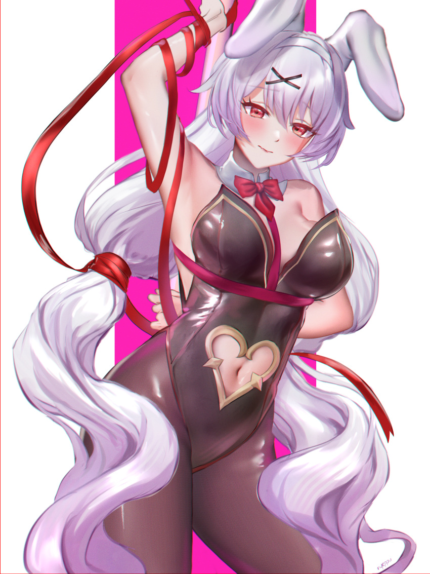 1girl absurdres animal_ears armpits bare_shoulders black_pantyhose blush breasts clothing_cutout highres honkai_(series) honkai_impact_3rd large_breasts long_hair navel nyeppu pantyhose playboy_bunny rabbit_ears red_eyes simple_background sleeveless solo theresa_apocalypse theresa_apocalypse_(luna_kindred) theresa_apocalypse_(lunar_vow:_crimson_love) thighs twintails white_background white_hair