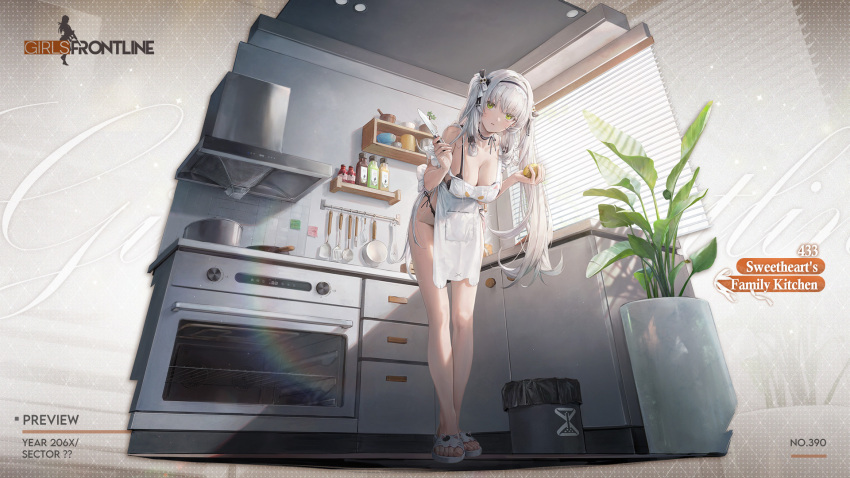 1girl apron artist_request bare_legs black_bra black_panties blush bra breasts character_name choker cleavage closed_mouth commentary cooking_pot copyright_name english_commentary english_text feet food full_body girls'_frontline green_eyes hair_ornament head_tilt highres hk433_(girls'_frontline) hk433_(sweetheart's_family_kitchen)_(girls'_frontline) holding holding_food holding_knife indoors kitchen knife large_breasts long_hair looking_at_viewer nearly_naked_apron official_alternate_costume official_art oven panties peeling plant potato potted_plant sandals second-party_source shelf solo standing toes trash_can twintails underwear very_long_hair white_apron white_footwear white_hair window_blinds