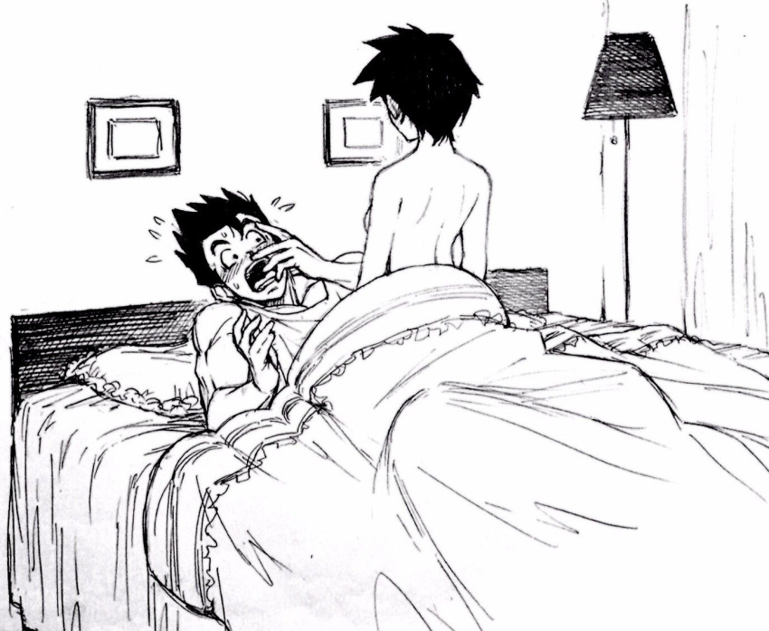 1boy 1girl bed blanket blush breasts dragon_ball dragon_ball_z greyscale lamp monochrome open_mouth pillow shirt short_hair son_gohan suzushiro_(suzushiro333) topless under_covers videl