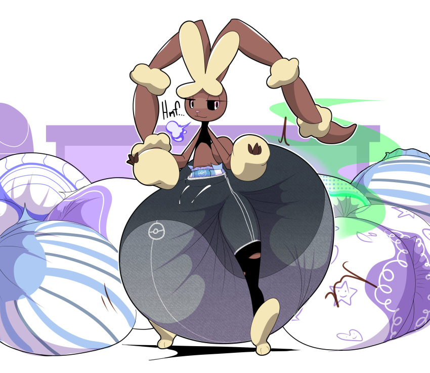 absurd_res anthro big_diaper black_sclera breath brown_body brown_fur changing_table chocomintshake clothing diaper diaper_pail diaper_pile diaper_under_clothing feces fur generation_6_pokemon hi_res huge_diaper legwear mega_evolution mega_lopunny messy_diaper nintendo pokemon pokemon_(species) soiling solo standing stink_lines thigh_highs torn_clothing torn_legwear used_diaper