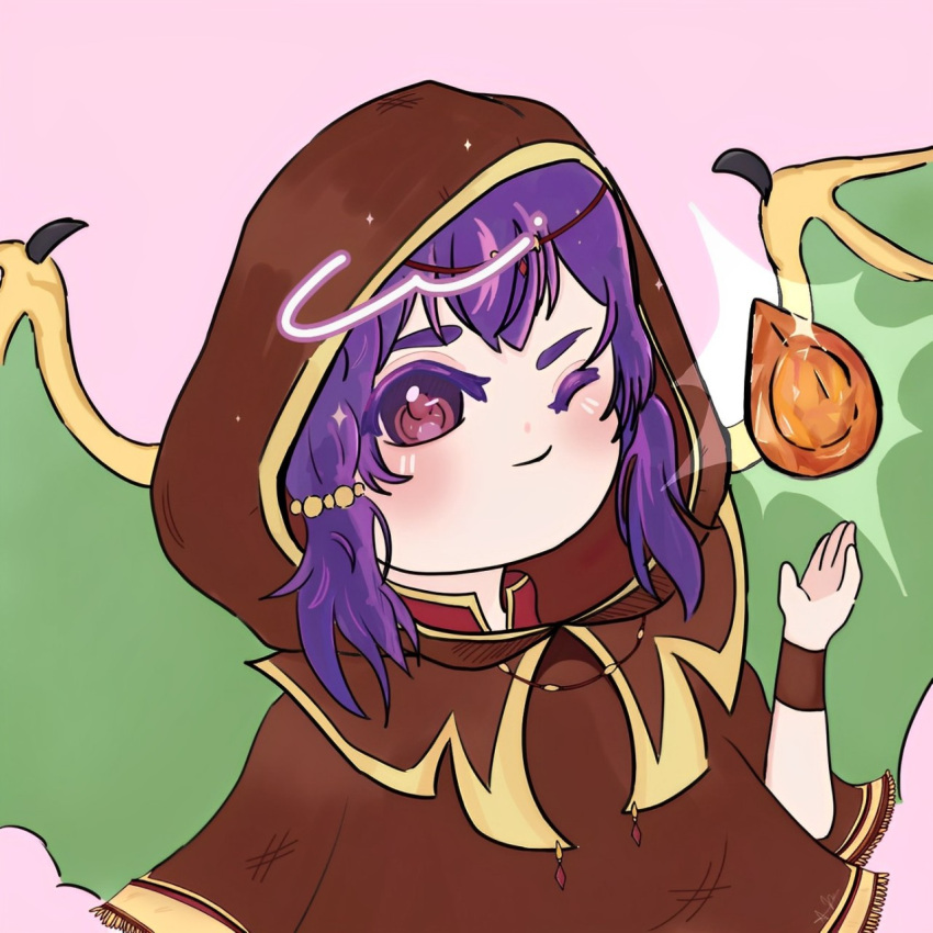 chibi cloak collar dragon_wings dragonstone fire_emblem fire_emblem_heroes highres hood hood_up hooded_cloak looking_at_viewer myrrh_(fire_emblem) myrrh_(guardian_dragon)_(fire_emblem) non-web_source one_eye_closed pink_background purple_hair red_eyes smile wings