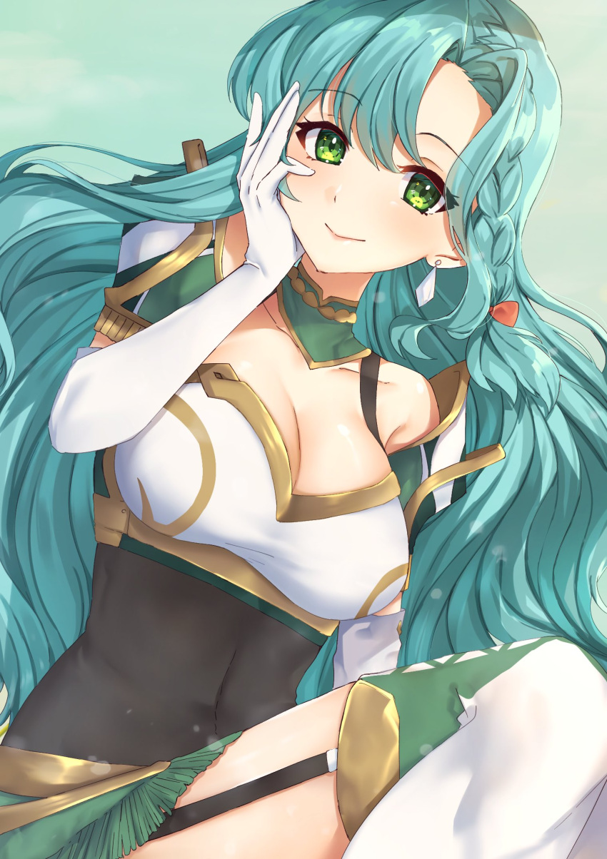 1girl aqua_hair armor bare_shoulders breasts chloe_(fire_emblem) cleavage commentary covered_navel earrings edamameoka elbow_gloves fire_emblem fire_emblem_engage garter_straps gloves green_eyes hand_up highres jewelry large_breasts long_hair looking_at_viewer pauldrons shoulder_armor solo very_long_hair white_gloves