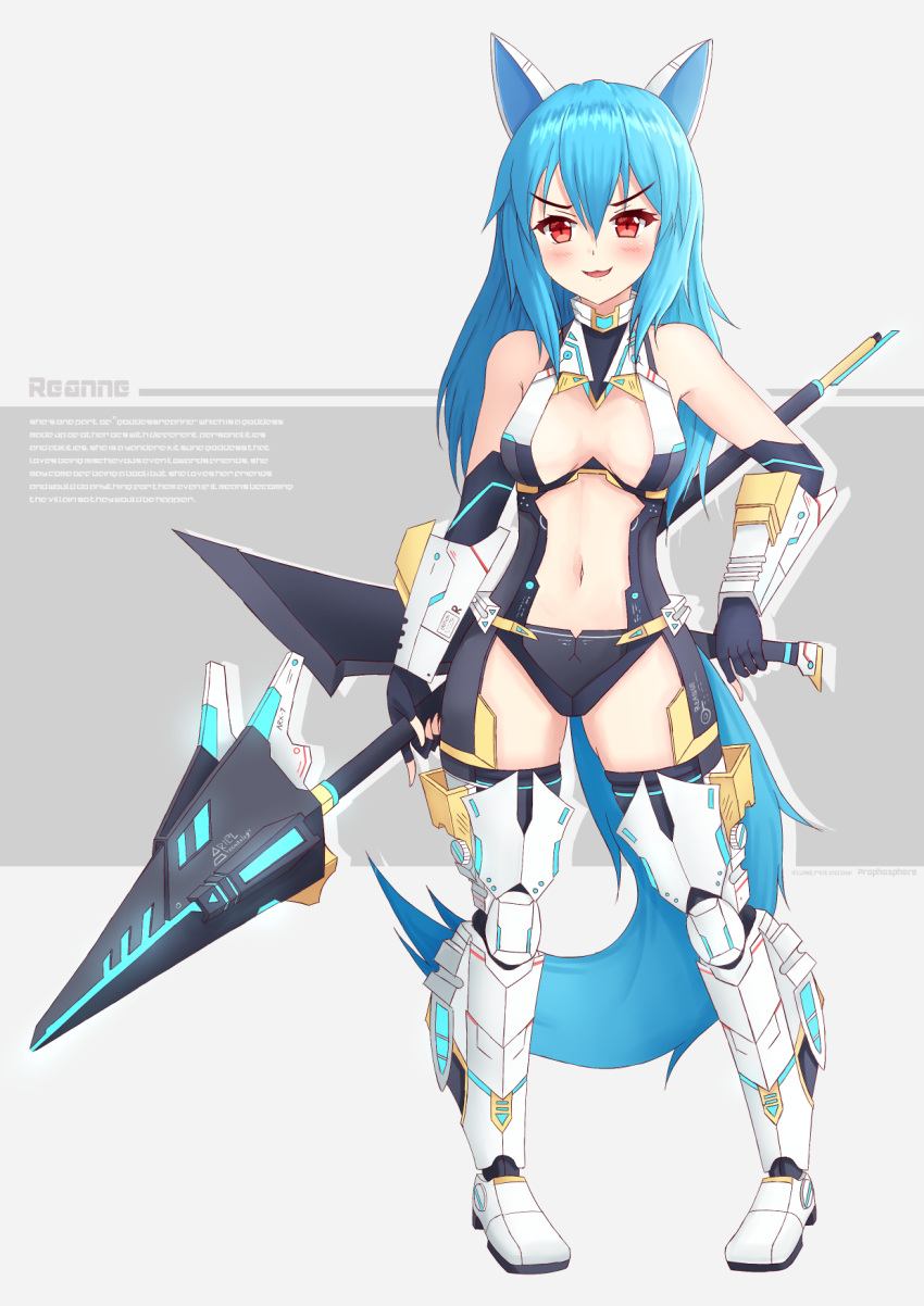 1girl animal_ears bare_shoulders black_gloves black_thighhighs blue_hair blush breasts commentary commission elbow_gloves english_commentary full_body gloves grey_background hair_between_eyes highres holding holding_polearm holding_weapon long_hair looking_at_viewer mecha_musume medium_breasts navel original polearm prophosphere red_eyes smile solo standing tail thighhighs two-tone_background v-shaped_eyebrows weapon