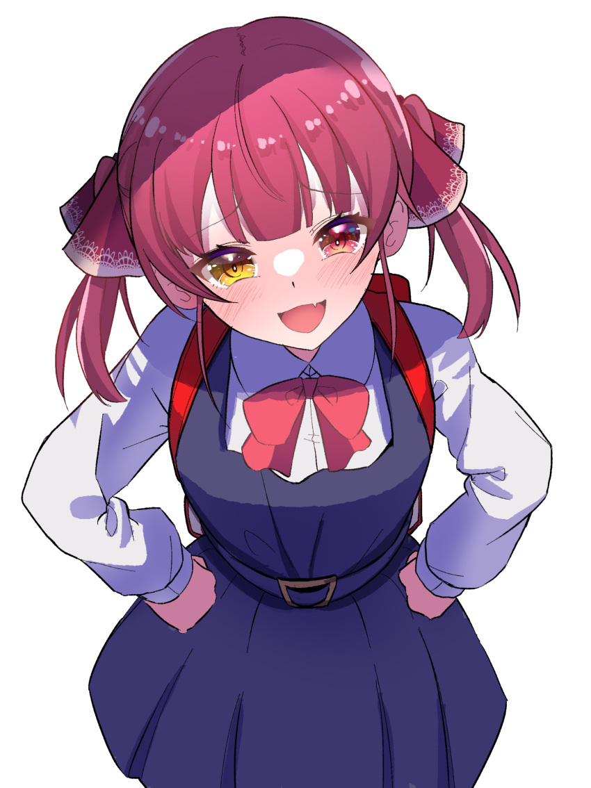 1girl blue_shirt blue_skirt collared_shirt cosplay fang hair_ribbon highres hololive houshou_marine indie_virtual_youtuber kimura_mitsuki long_hair looking_at_viewer open_mouth red_eyes red_hair red_ribbon ribbon shigure_ui_(vtuber) shigure_ui_(vtuber)_(cosplay) shigure_ui_(vtuber)_(young) shirt skin_fang skirt smile solo twintails virtual_youtuber white_shirt yellow_eyes