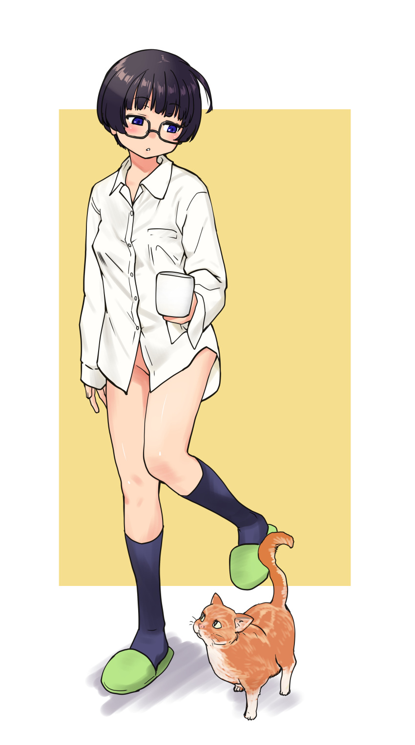 1girl absurdres black_hair black_socks blue_eyes bottomless bowl_cut cat commentary_request convenient_censoring covered_nipples cup full_body glasses groin highres holding holding_cup kneehighs mug original shiwasu_no_okina sleeves_past_wrists slippers socks walking