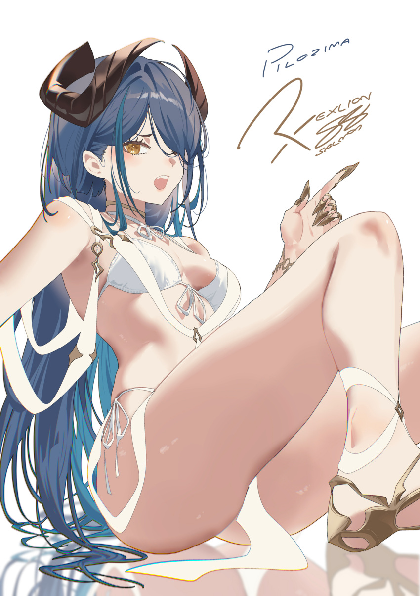 1girl bare_legs bikini black_horns blue_hair breasts eyelashes highres horns jewelry long_hair looking_at_viewer open_mouth original reflective_floor salmon88 sideboob simple_background sitting small_breasts solo swimsuit teeth thighs upper_teeth_only white_background white_bikini yellow_eyes