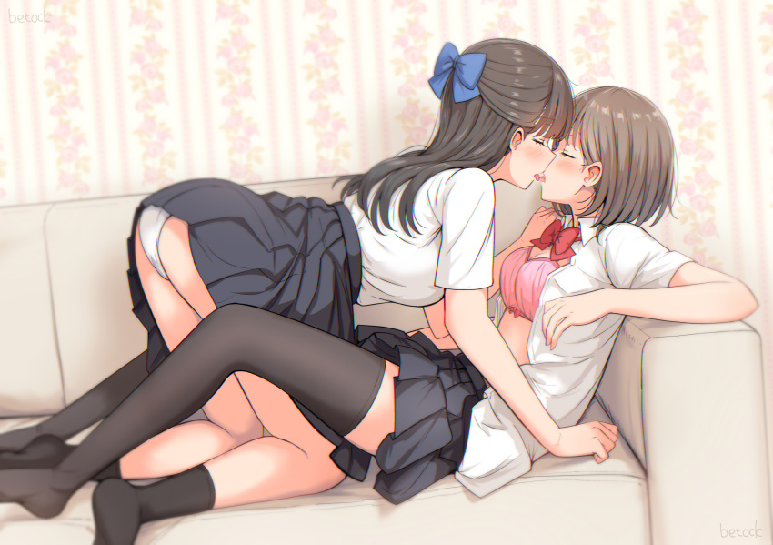 2girls artist_name betock black_hair black_skirt black_socks black_thighhighs blue_bow bow bowtie bra breasts brown_hair closed_eyes commentary_request couch hair_bow half_updo highres imminent_kiss kiss lineart long_hair medium_breasts multiple_girls no_shoes on_couch open_mouth original panties pink_bra pleated_skirt red_bow red_bowtie school_uniform shirt shirt_tucked_in short_hair short_sleeves skirt socks spot_color sweat thighhighs tongue tongue_out underwear white_panties white_shirt yuri