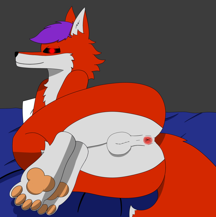 absurd_res anthro anus balls butt canid canine feet fingers fox genitals hair hi_res humanoid looking_at_viewer male mammal penis pyro_(toxy) simple_background smile solo tail toes toxy