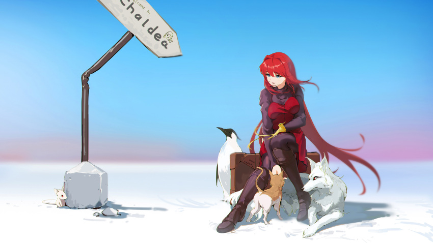 1girl absurdres animal aozaki_aoko bird blue_eyes boots breasts cat chinese_commentary english_commentary highres long_hair mahou_tsukai_no_yoru mixed-language_commentary mouse_(animal) outdoors penguin red_hair sitting smile solo suitcase ushas wolf