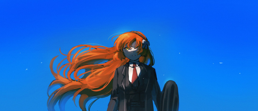 1girl black_coat black_vest blue_background blue_sky bow brown_hairband coat collared_shirt floating_hair hair_bow hairband highres holding holding_shield ishmael_(project_moon) limbus_company long_hair looking_up necktie orange_eyes orange_hair parted_lips project_moon red_necktie rnaro_maro rope shield shirt simple_background sky solo upper_body very_long_hair vest white_bow white_shirt wing_collar