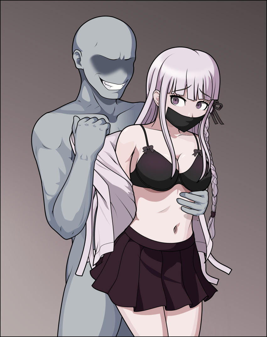 1girl absurdres arms_behind_back bdsm black_bra black_ribbon black_skirt bondage bound bra braid breasts cleavage cowboy_shot danganronpa:_trigger_happy_havoc danganronpa_(series) faceless faceless_male gag grey_hair grey_shirt grin hair_ribbon highres just_some_guy kirigiri_kyoko large_breasts navel pleated_skirt purple_eyes rape restrained ribbon shirt side_braid skirt smile standing stomach teeth underwear undressing_another