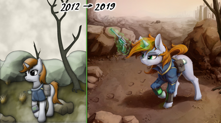 2019 absurd_res alcor90 clothing cutie_mark equine fallout_equestria fan_character feral green_eyes gun hi_res horn inner_ear_fluff littlepip mammal my_little_pony outside ranged_weapon unicorn weapon