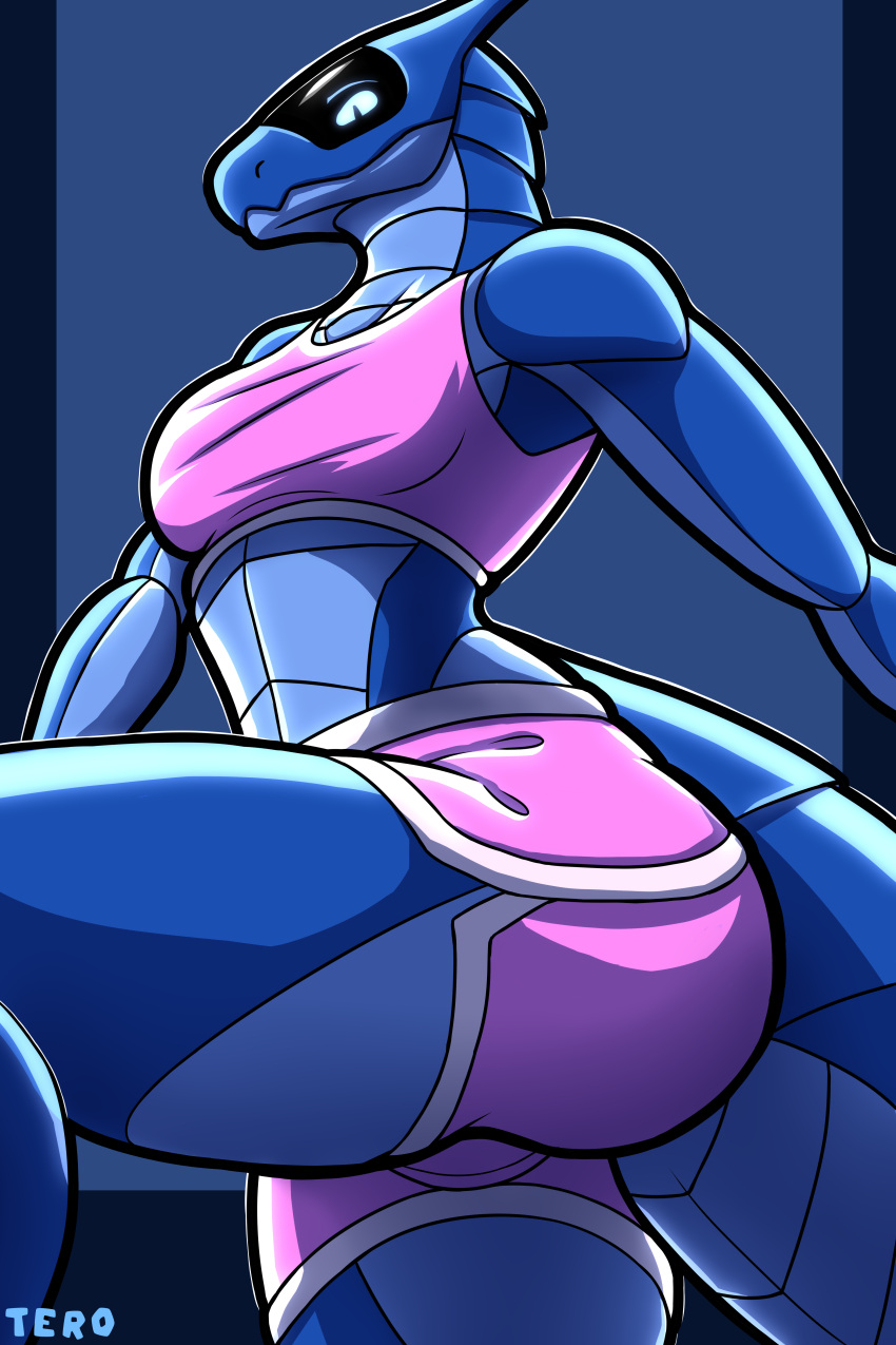 absurd_res blue_body blue_eyes butt clothing female glowing glowing_eyes hi_res pink_clothing simple_background solo synth_(vader-san) therobd