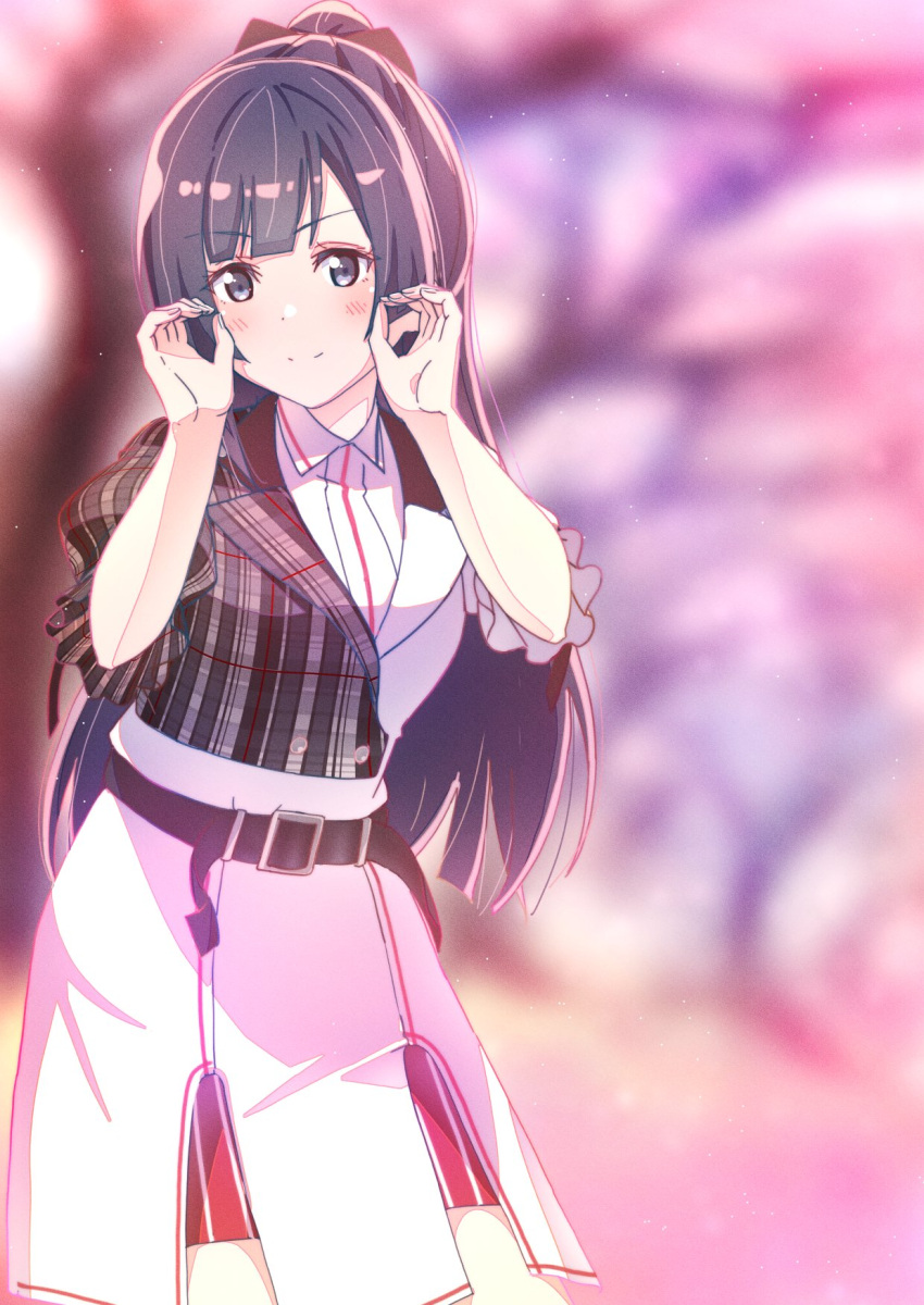 1girl ajapar alternate_hairstyle belt black_belt black_hair blurry blurry_background blush cherry_bomb_(love_live!) closed_mouth commentary_request grey_eyes grey_jacket hands_up highres jacket long_hair looking_at_viewer love_live! love_live!_nijigasaki_high_school_idol_club plaid plaid_jacket ponytail puffy_short_sleeves puffy_sleeves short_sleeves sidelocks smile solo standing swept_bangs upper_body v-shaped_eyebrows white_jacket yuki_setsuna_(love_live!)