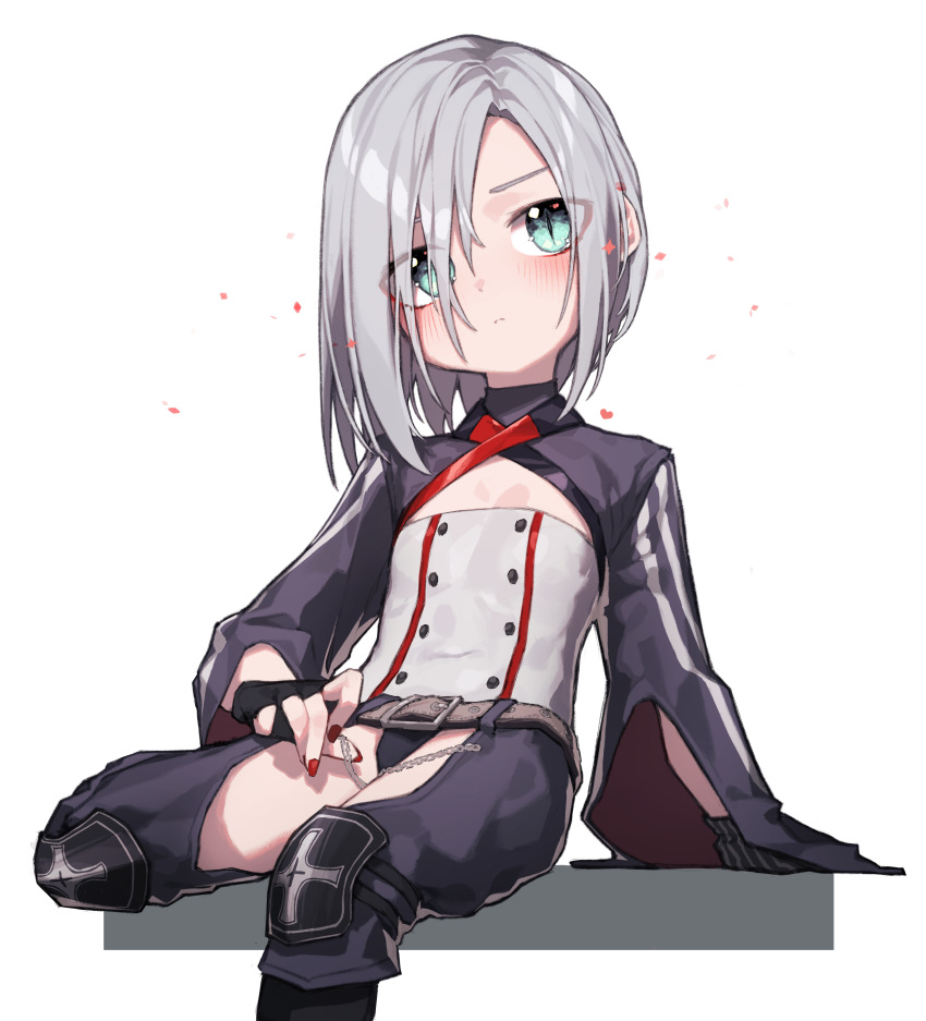 1girl absurdres aqua_eyes beudelb chibi girls'_frontline gloves grey_hair hair_over_one_eye highres looking_at_viewer mg5_(girls'_frontline) nail_polish red_nails sitting solo