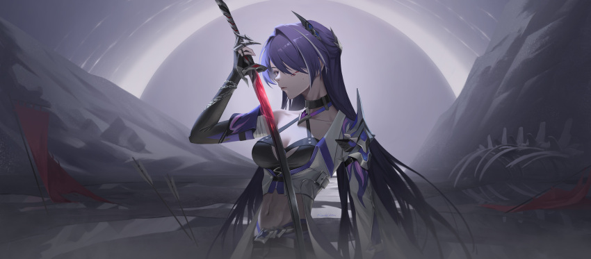 1girl absurdres acheron_(honkai:_star_rail) armor arrow_(projectile) artist_name bandaged_arm bandages banner belt black_belt black_choker black_gloves black_hole black_shorts blood blood_on_face breasts choker coat detached_sleeves gloves glowing glowing_weapon hair_ornament hair_over_one_eye highres holding holding_sword holding_weapon honkai:_star_rail honkai_(series) katana long_hair looking_at_viewer midriff multicolored_hair navel planted planted_arrow purple_hair roundschen shorts shoulder_armor single_bare_shoulder solo standing stomach streaked_hair sword upper_body very_long_hair weapon white_coat