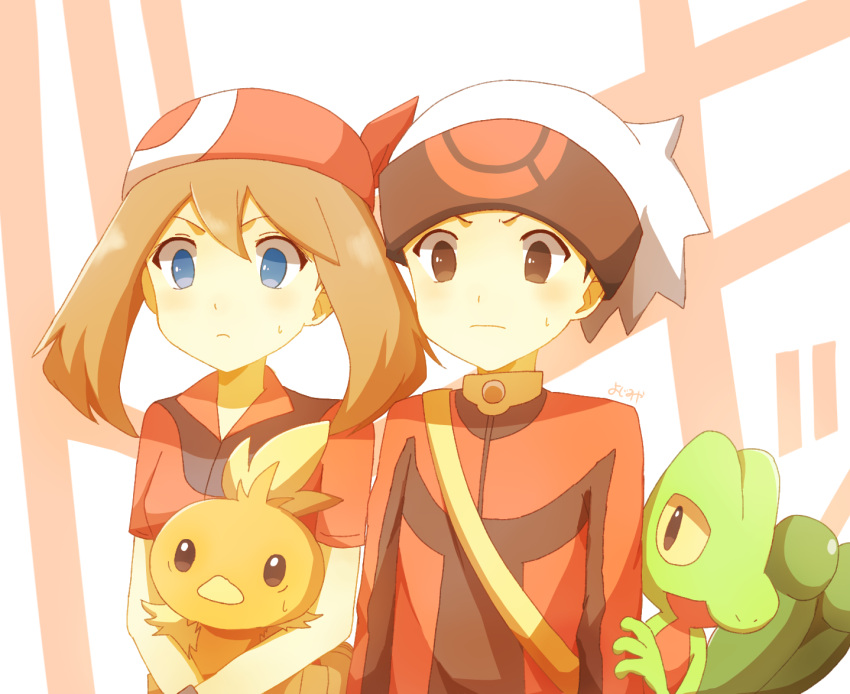 1boy 1girl bandana blue_eyes brendan_(pokemon) brown_eyes brown_hair closed_mouth hat holding holding_pokemon long_sleeves may_(pokemon) pokemon pokemon_(creature) pokemon_rse red_bandana shirt short_hair short_sleeves sweatdrop torchic treecko white_hat ymzmi