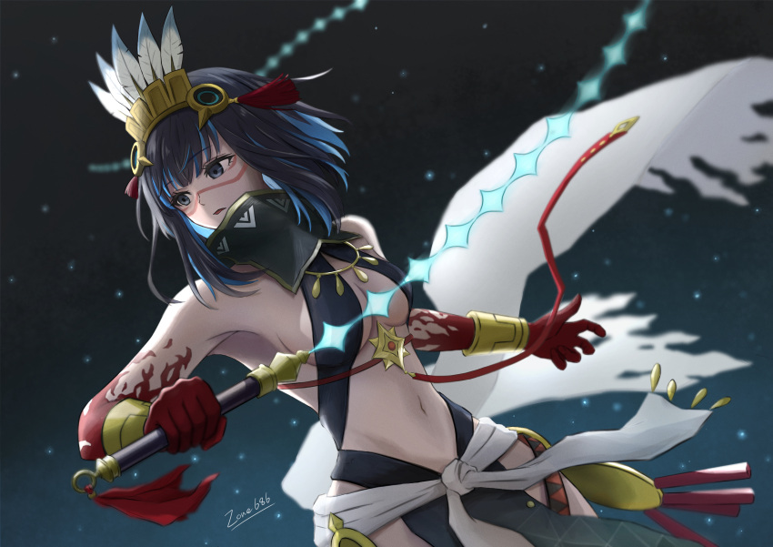 1girl absurdres bare_shoulders black_hair black_skirt blood blood_on_hands blue_hair bracer breasts colored_inner_hair detached_collar facepaint fate/grand_order fate_(series) feathers grey_eyes halterneck headdress high_collar highres looking_to_the_side medium_breasts multicolored_hair open_mouth pelvic_curtain sash short_hair sidelocks skirt solo stalker_686 tassel tenochtitlan_(fate) tenochtitlan_(first_ascension)_(fate) thighs whip