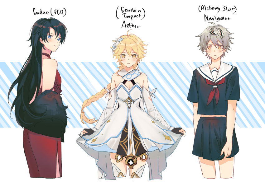 3boys aether_(genshin_impact) ahoge alchemy_stars arm_armor bare_shoulders black_gloves black_hair black_shirt black_skirt blonde_hair blue_background blue_eyes blush boots border braid character_name closed_mouth collarbone copyright_name cosplay crossdressing crossover detached_sleeves dress earrings embarrassed fate/grand_order fate_(series) fingernails flower fujimaru_ritsuka_(male) fur_trim genshin_impact gloves grey_hair hair_between_eyes hair_flower hair_ornament hairband highres inkka jewelry long_hair long_sleeves looking_at_viewer lumine_(genshin_impact) lumine_(genshin_impact)_(cosplay) male_focus multiple_boys navigator_(alchemy_stars) neckerchief open_mouth orange_eyes outside_border pleated_skirt red_dress red_neckerchief sailor_collar school_uniform serafuku shirt short_hair short_sleeves single_earring skirt sleeveless sleeveless_dress standing star_(symbol) striped_background sweatdrop thigh_boots v-shaped_eyebrows white_border white_dress white_flower white_footwear white_hairband yellow_eyes