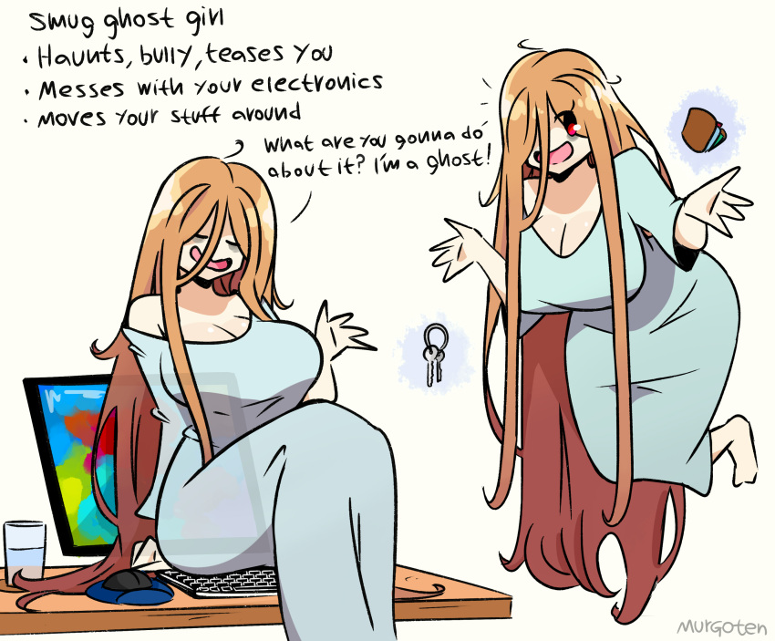 1girl absurdres breasts cleavage cup drinking_glass english_text floating ghost highres key large_breasts long_hair monitor mouse_(computer) mousepad_(object) multiple_tails murgoten orange_hair original red_eyes sitting sitting_on_table tail very_long_hair wallet water