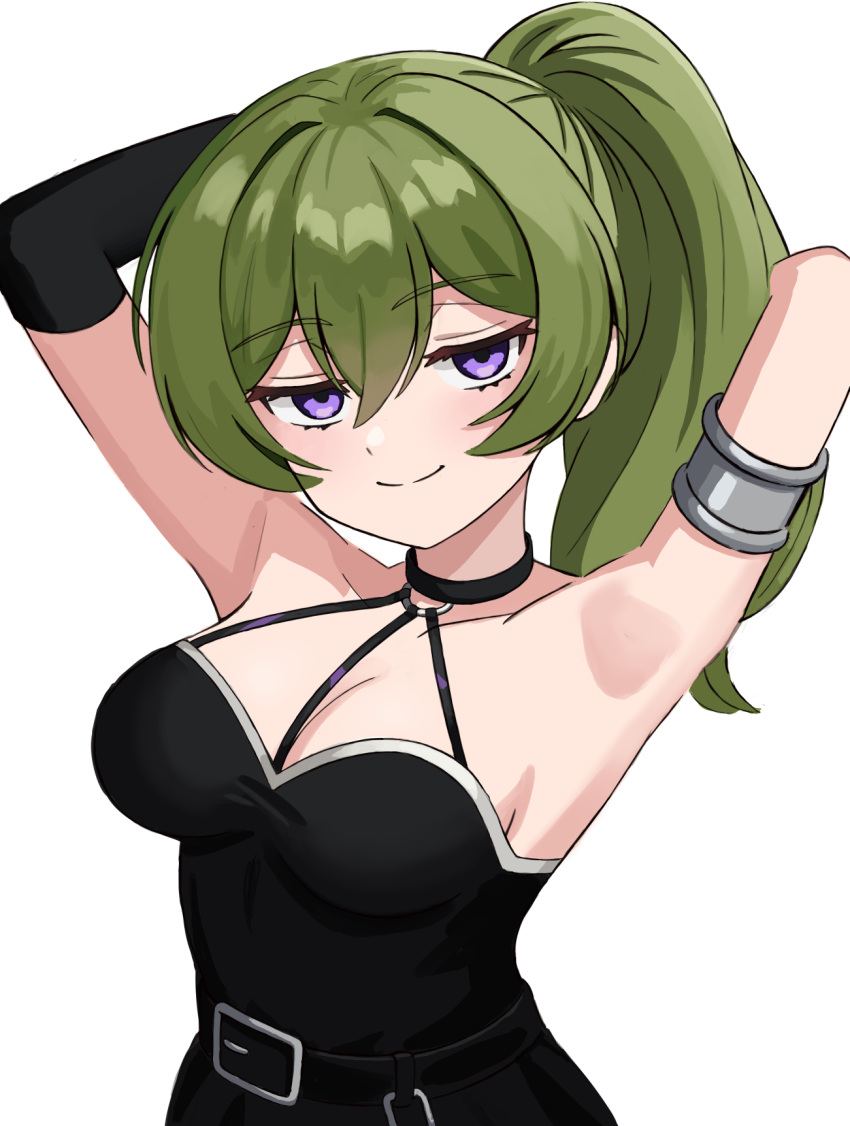 1girl armpits bare_shoulders black_choker black_dress breasts choker dress green_hair highres purple_eyes side_ponytail simple_background smile solo sousou_no_frieren ubel_(sousou_no_frieren) white_background zeromas