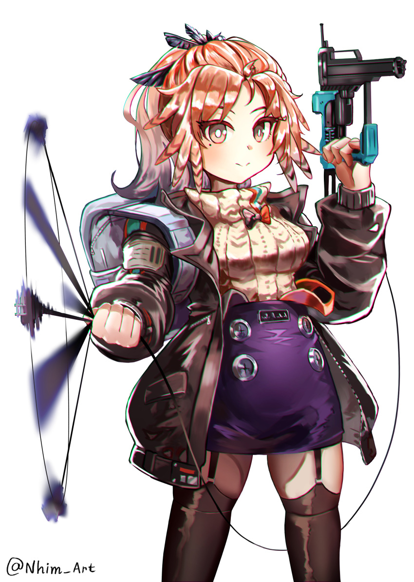 1girl absurdres arknights backpack bag black_jacket black_thighhighs blue_skirt blush brown_eyes brown_sweater buttons cable_knit chromatic_aberration closed_mouth cowboy_shot double-breasted double_strap_slip feather_hair garter_straps high-waist_skirt highres holding_tool jacket legs_apart long_hair long_sleeves looking_at_viewer mole mole_under_eye nail_gun nhim open_clothes open_jacket orange_hair pinecone_(arknights) ponytail power_cord ribbed_sweater sidelocks simple_background skirt smile solo spinning suspender_skirt suspenders sweater thighhighs turtleneck twitter_username white_background zettai_ryouiki