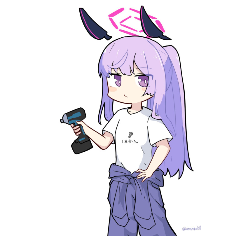 1girl alternate_costume blue_archive blush closed_mouth feet_out_of_frame floating_headgear halo headgear highres holding_power_drill kuroshiro1011 long_hair looking_at_viewer pants power_tool purple_eyes purple_hair purple_pants shirt short_sleeves simple_background solo twitter_username utaha_(blue_archive) white_background white_shirt