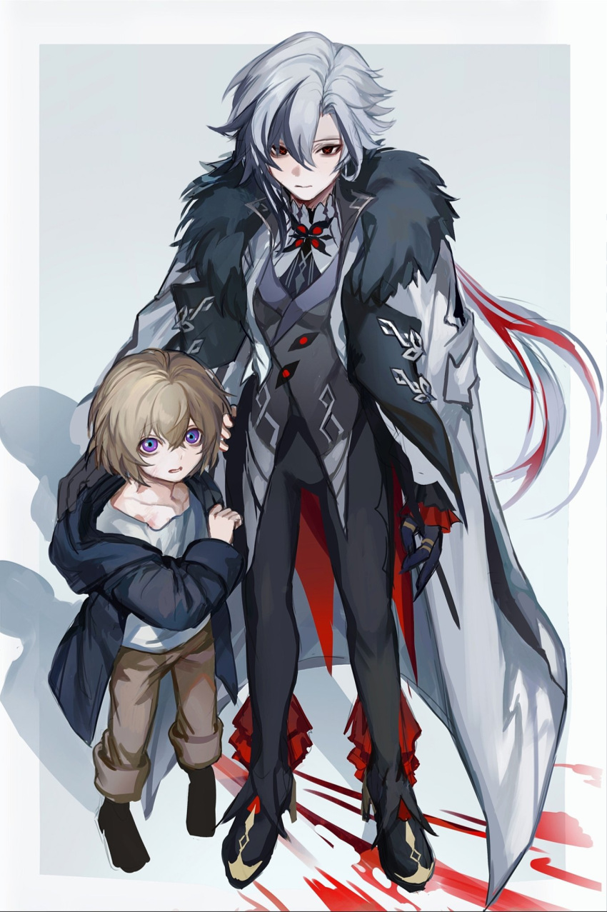 1boy 1girl aged_down arlecchino_(genshin_impact) aventurine_(honkai:_star_rail) black_eyes black_footwear black_hair black_jacket black_pants blonde_hair cape commentary fur-trimmed_cape fur_trim genshin_impact grey_hair grey_shirt highres honkai:_star_rail honkai_(series) jacket leggings mihoyo multicolored_hair open_clothes open_jacket pants purple_eyes shirt standing streaked_hair thijikoy white_cape