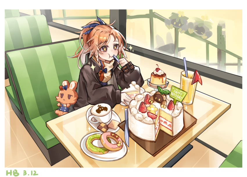 1girl :t arknights birthday_cake blush booth_seating border brown_eyes brown_jacket cake closed_mouth coffee_cup collared_jacket cup dated diamond-shaped_pupils diamond_(shape) disposable_cup doughnut drink drinking_straw eating feather_hair food fumi_(fyvr2372) happy_birthday highres holding_utensil indoors jacket long_hair long_sleeves looking_ahead metal_crab_(arknights) orange_hair parted_bangs pinecone_(arknights) ponytail restaurant saucer sidelocks sign smile solo sparkle stuffed_animal stuffed_rabbit stuffed_toy sweater symbol-shaped_pupils table turtleneck turtleneck_sweater upper_body white_border window yellow_sweater