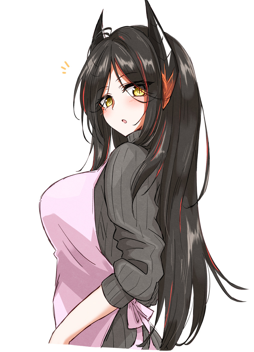+_+ 1girl :o absurdres apron arknights arms_at_sides black_hair blush cropped_torso from_side grey_sweater highres horns ines_(arknights) long_hair long_sleeves looking_at_viewer maiq06 mole mole_under_eye multicolored_hair notice_lines open_mouth parted_bangs pink_apron red_hair ribbed_sweater sidelocks simple_background sleeves_pushed_up solo straight_hair streaked_hair sweater turtleneck turtleneck_sweater white_background yellow_eyes