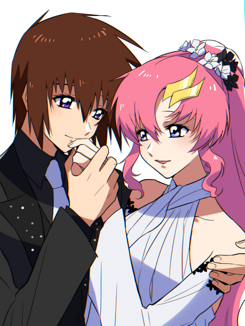 1boy 1girl black_flower black_jacket black_shirt blue_eyes brown_hair collarbone collared_shirt couple dress eye_contact eyebrows_hidden_by_hair flower gundam gundam_seed hair_flower hair_ornament hairclip hand_on_another's_shoulder hetero highres holding_hands jacket kira_yamato lacus_clyne long_hair long_sleeves looking_at_another necktie pink_hair purple_eyes rrrisyf shirt short_hair simple_background very_long_hair white_background white_dress white_flower white_necktie wing_collar